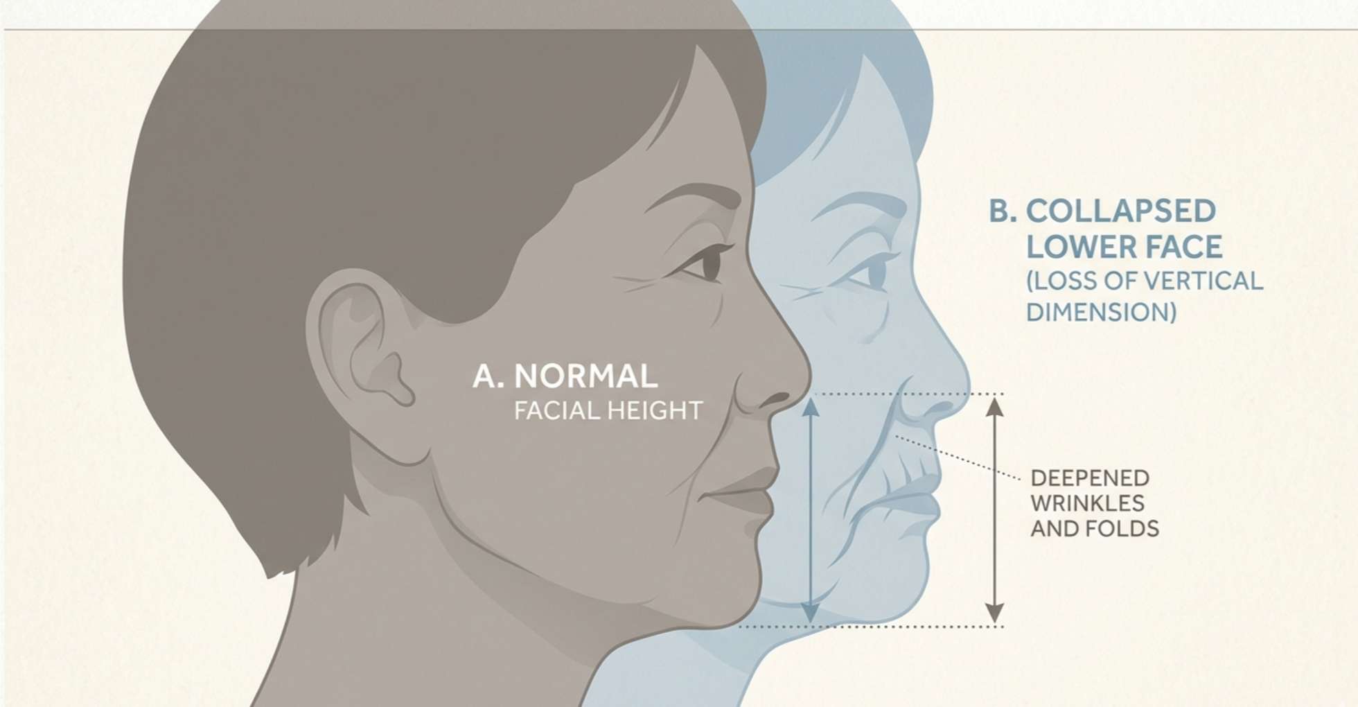 치아 마모로 인해 하안면부 수직고경이 낮아지면서 코와 턱 끝이 가까워지고 입가 주름이 깊어지는 현상을 보여주는 측면 얼굴 실루엣 비교 이미지