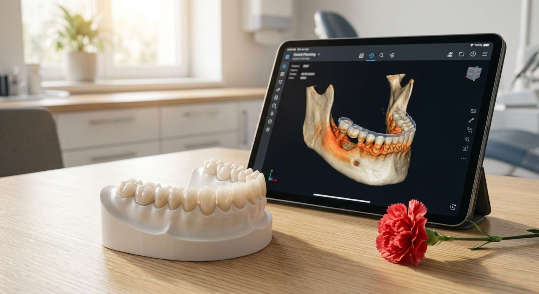 태블릿 PC에 표시된 3D 구강 스캔 데이터와 그에 맞춰 제작된 정밀한 치아 보철 모형 및 카네이션
