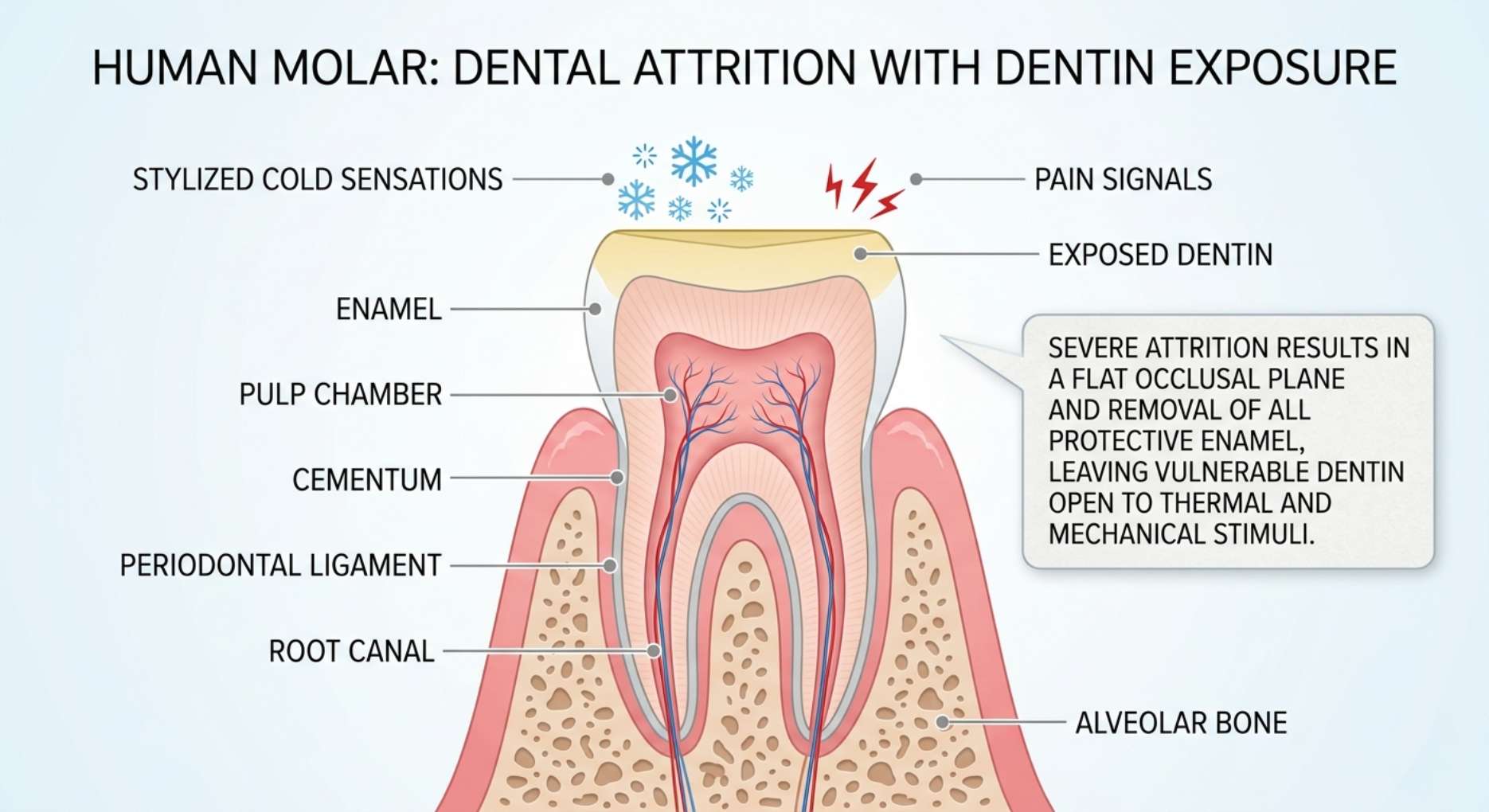치아 교모증으로 겉면인 법랑질이 닳아 상아질이 노출되고 시린 증상이 발생하는 치아 단면 의학 일러스트