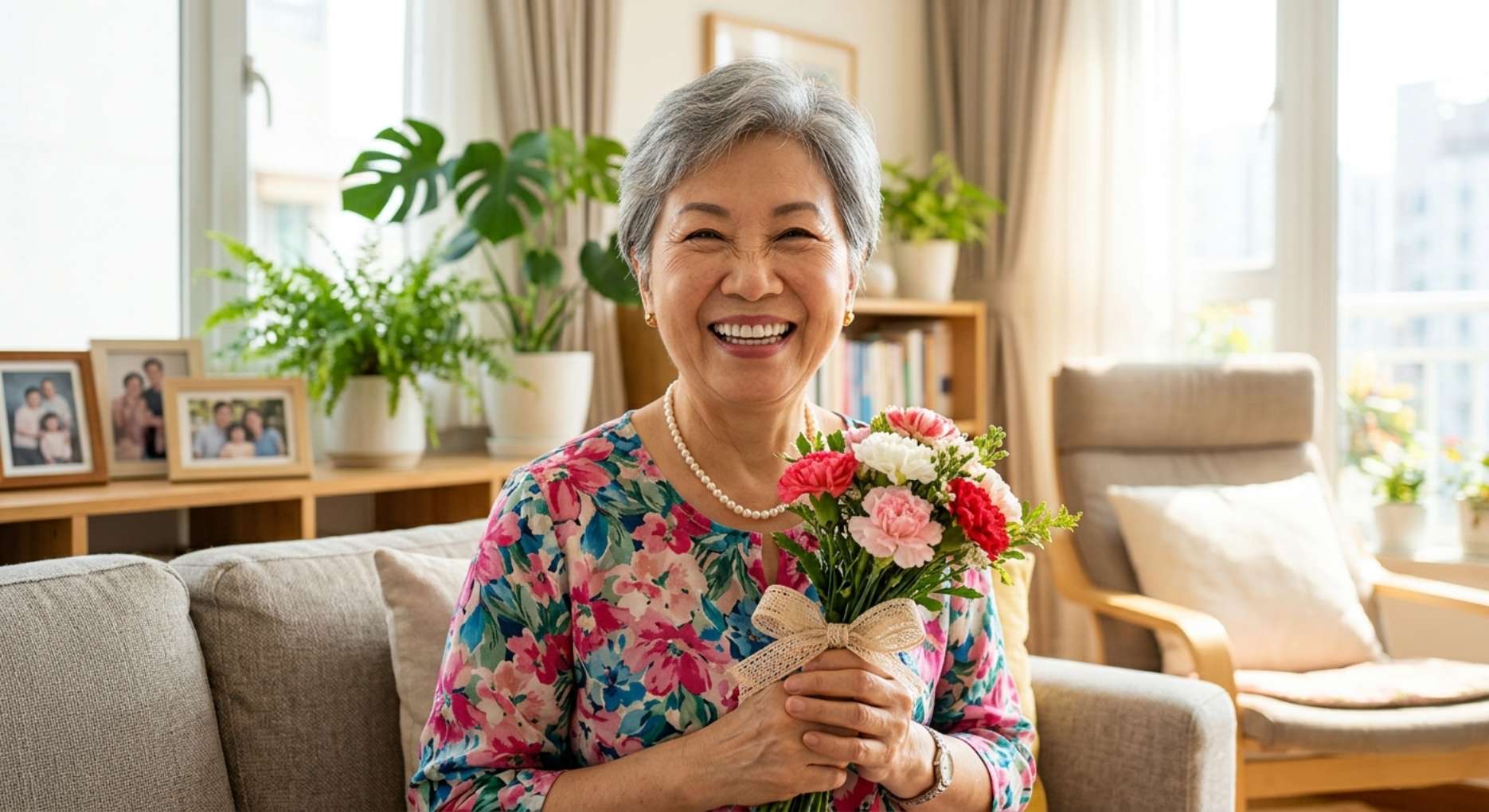 치아 교모증 치료 후 건강한 치아로 활짝 웃으며 카네이션을 들고 있는 행복한 60대 여성