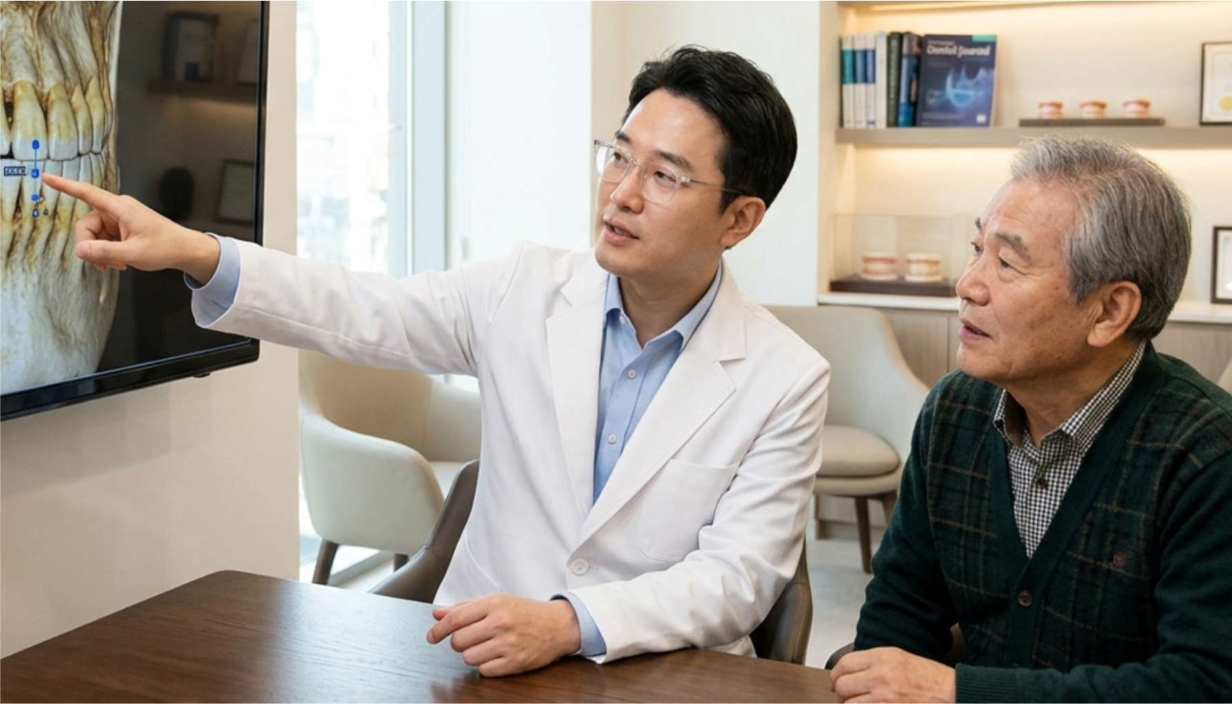 치과의사가 대형 모니터의 3D CT 화면을 통해 남성 환자에게 닳고 낮아진 치아 교합 상태를 짚어주는 모습