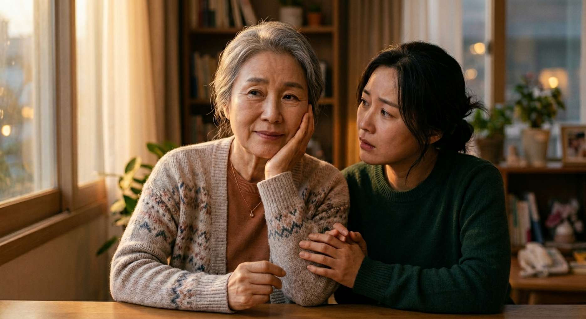 식사 불편함과 치아 문제로 턱을 괴고 근심하는 어머니의 손을 잡고 위로하는 30대 딸의 따뜻한 모습