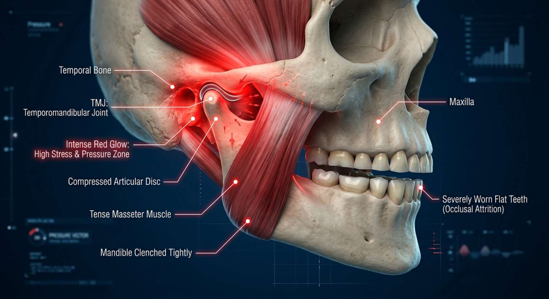 치아 교모증으로 인해 턱관절과 안면 근육에 과도한 압력이 가해져 붉게 달아오른 상태를 표현한 3D 두개골 해부학 이미지