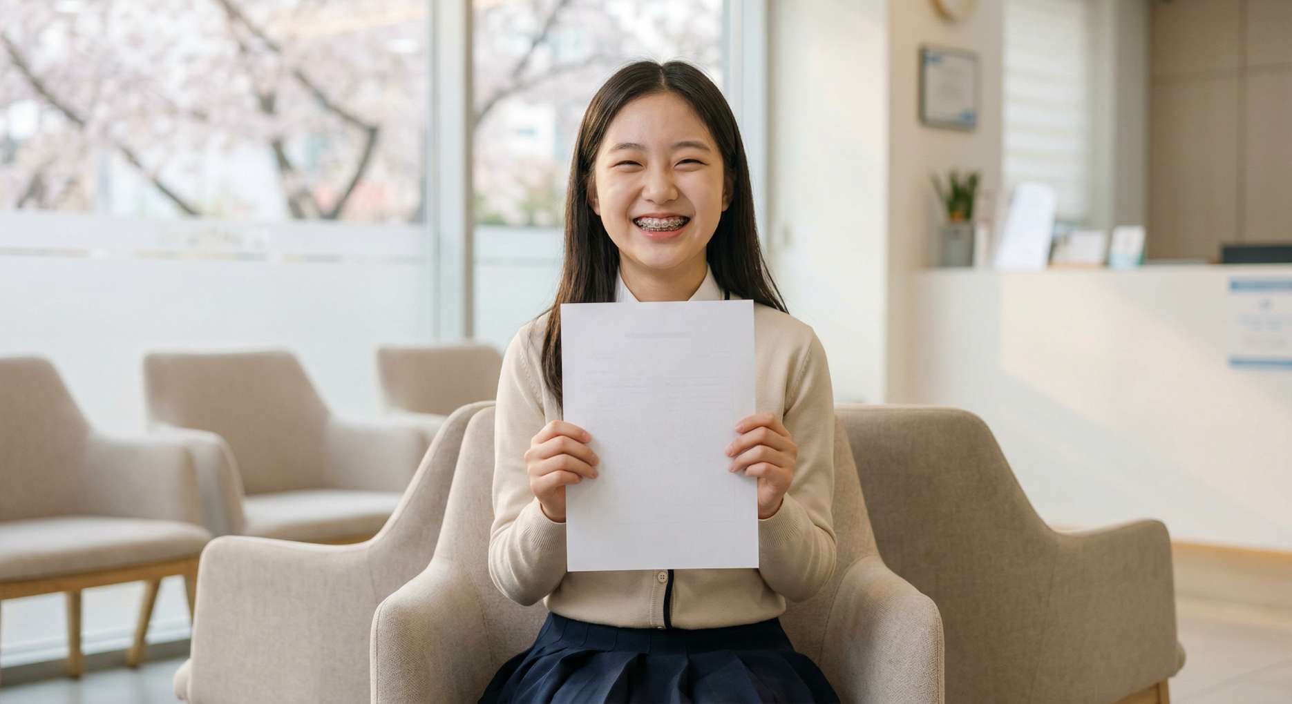 치과 대기실에서 학생 구강검진 문진표를 들고 미소 짓는 교정기 착용 여학생