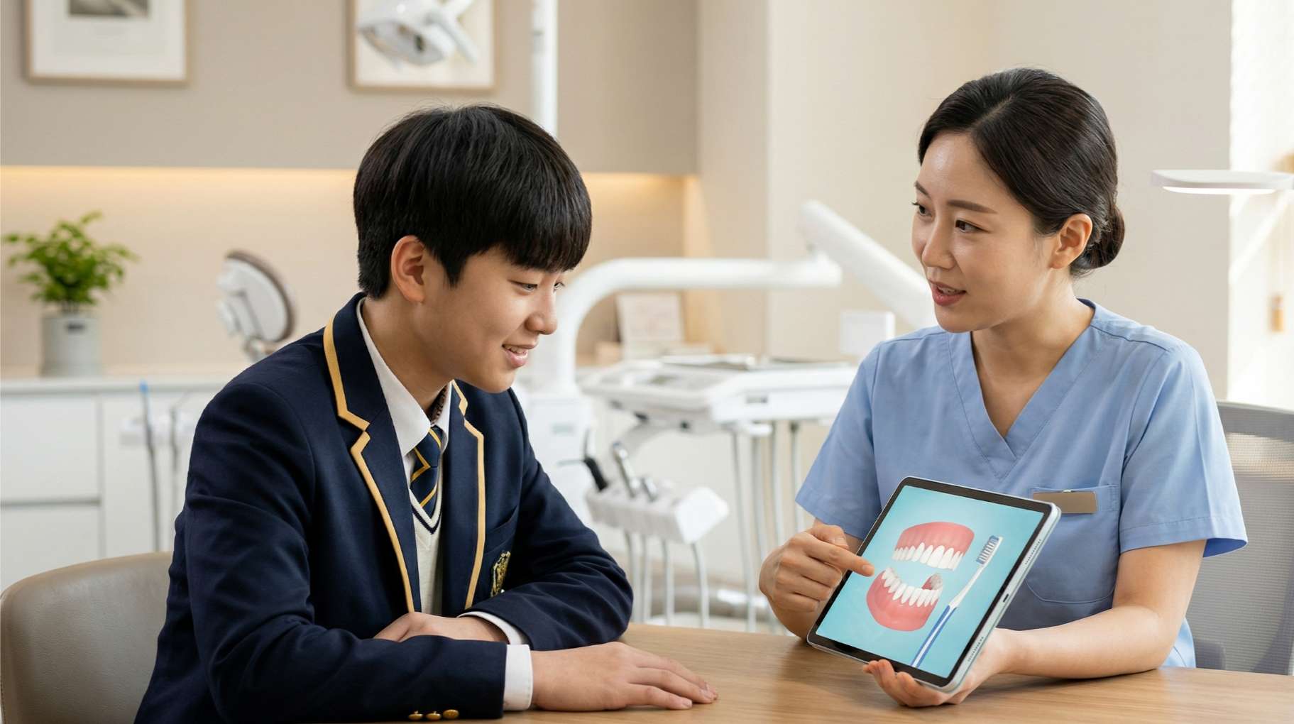 치과 위생사가 태블릿 화면의 3D 치아 모델을 보여주며 남학생에게 올바른 양치질을 교육하는 모습