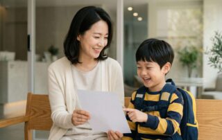 보호자와 함께 구강검진 서류를 확인하는 초등학생