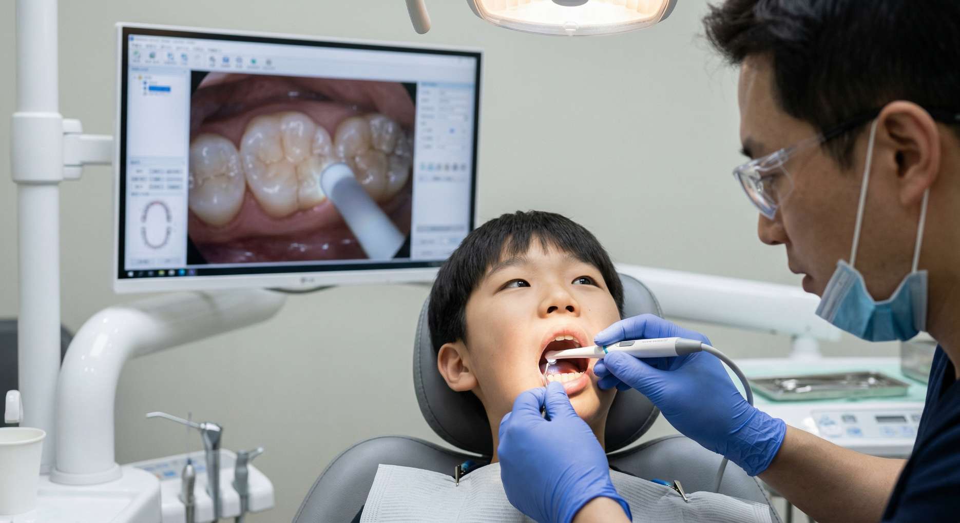 치과 의사가 구강 카메라를 이용해 초등학생의 치아를 정밀 검사하며 모니터로 상태를 확인하는 모습