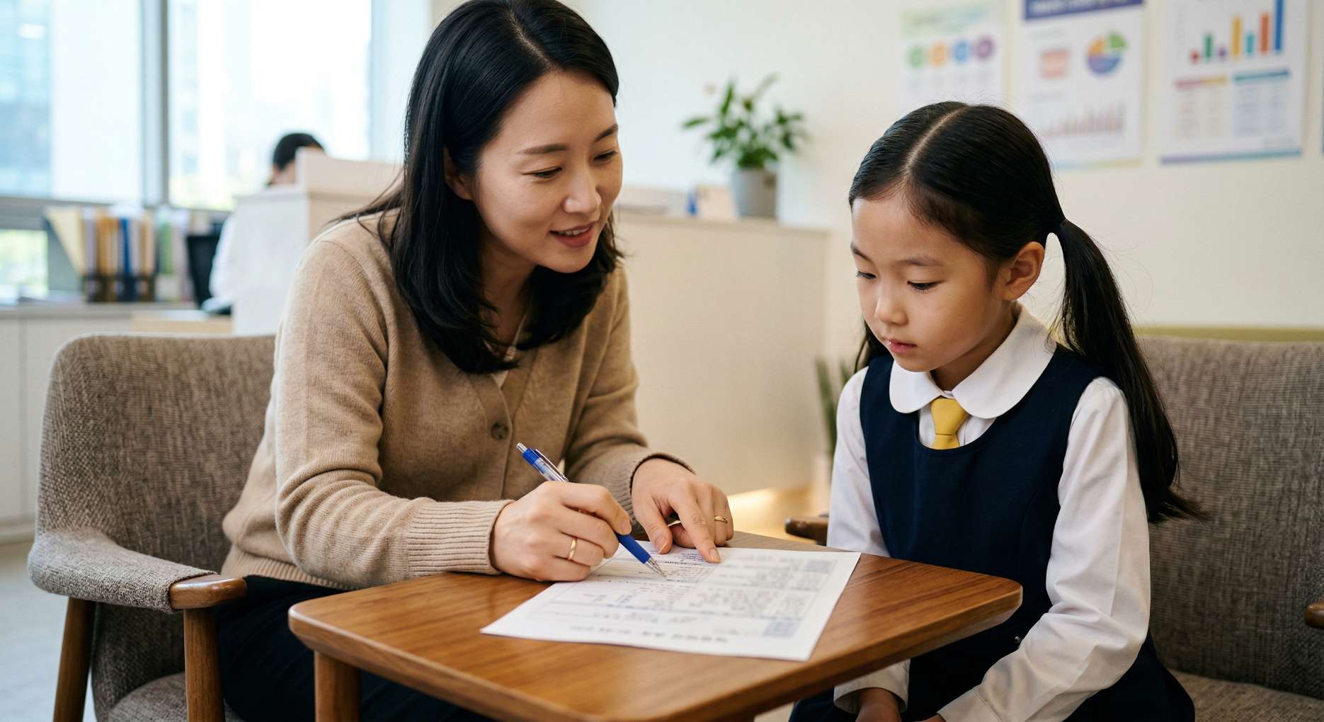 치과 대기실에서 어머니와 함께 학생 구강검진 문진표를 보며 활짝 웃고 있는 책가방 멘 초등학생 남아