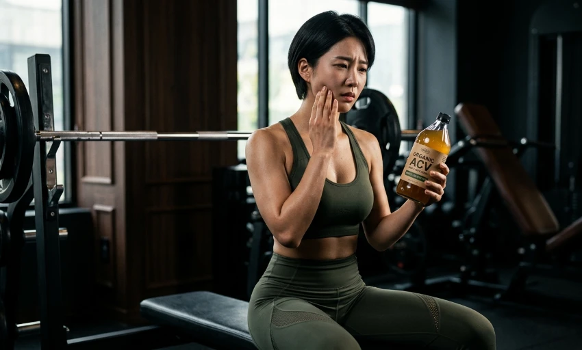 다이어트 중 무심코 마신 디톡스 음료로 인해 치아 시림 통증을 느끼는 피트니스 모델