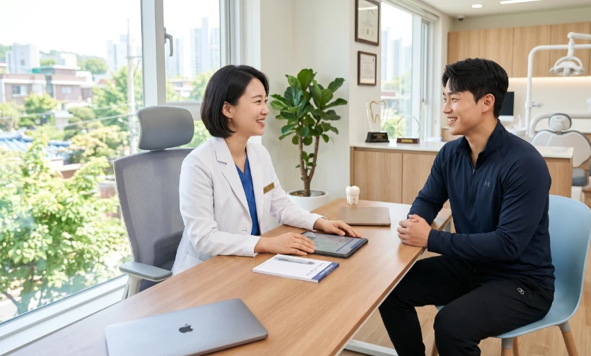 밝은 치과 진료실에서 다이어터 환자와 친절하게 미소 지으며 치아 상태를 상담 중인 치과의사