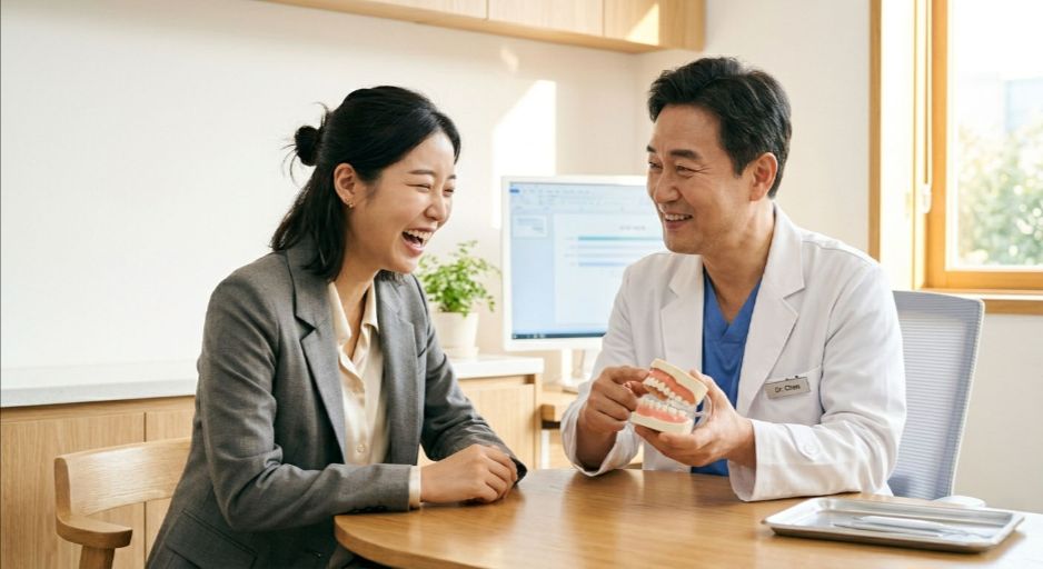 치과 진료실에서 원장님의 설명을 듣고 구강암에 대한 오해를 풀며 환하게 웃으며 안도하는 환자의 모습
