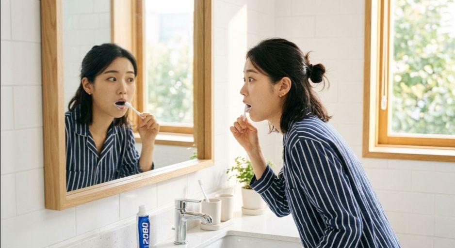 아침에 양치를 하다가 거울을 보며 볼 안쪽에 생긴 하얀 선을 발견하고 갸우뚱하는 직장인의 모습