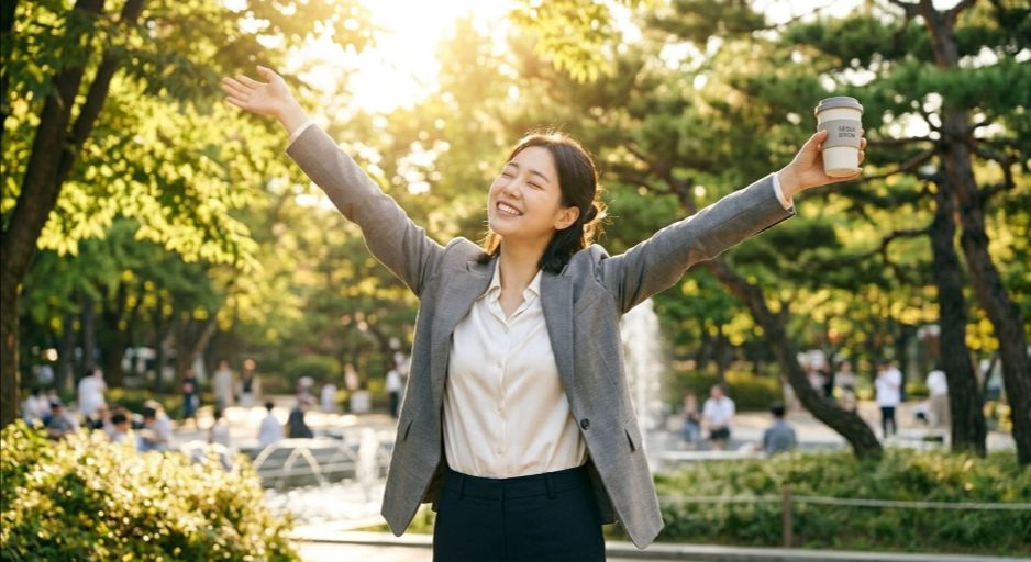 구강 건강에 대한 걱정과 스트레스를 훌훌 털어버리고 맑은 날씨 속에 기분 좋게 커피를 마시며 미소 짓는 직장인의 여유로운 모습