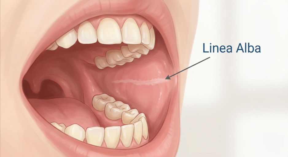 위아래 치아가 맞물리는 선을 따라 볼 안쪽 점막에 부드럽게 형성된 백색선(Linea Alba)을 보여주는 깔끔한 일러스트