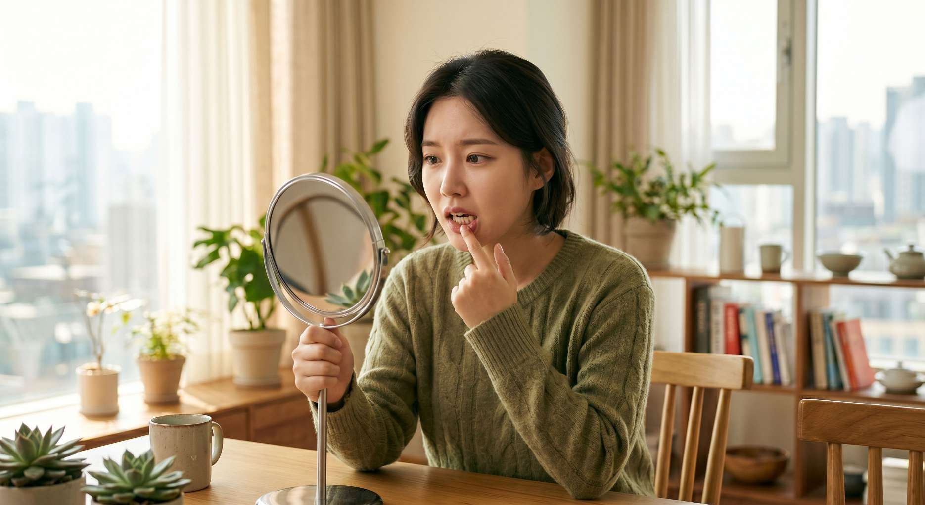 거울을 보며 아래 앞니가 살짝 틀어진 것을 발견하고 사랑니 때문인지 갸우뚱하는 20대 직장인의 모습