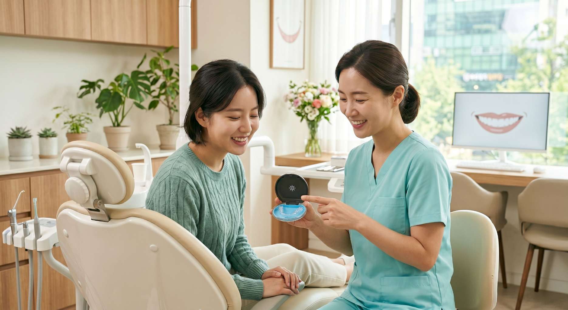 사랑니 앞니 벌어짐4 치과 진료실에서 앞니 부분 교정 상담을 받으며 밝게 웃고 안도하는 20대 환자의 모습