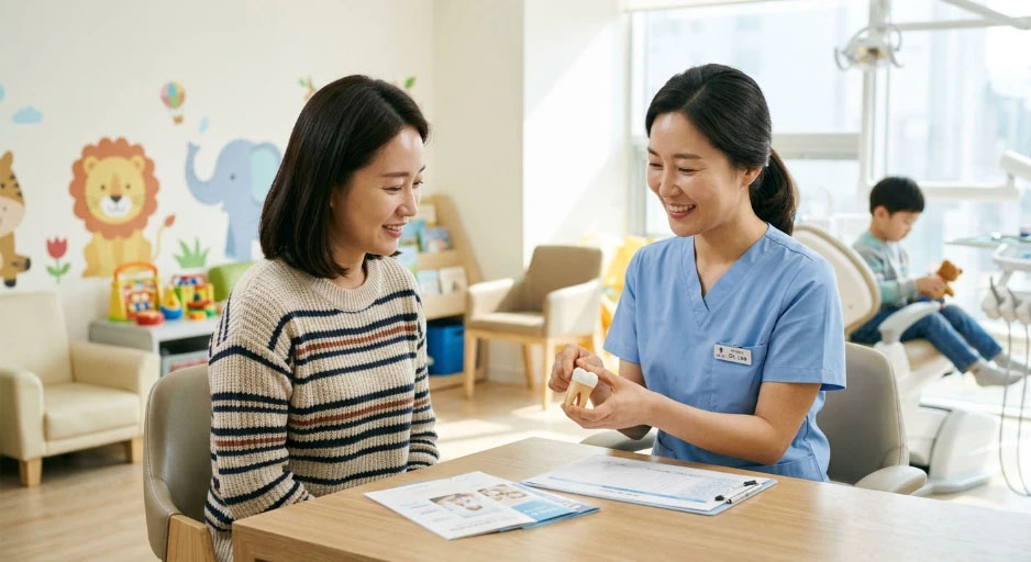 영구치 법랑질 저형성증4 복사 소아 치과 진료실에서 원장님에게 안심하며 상담을 받는 어머니의 모습