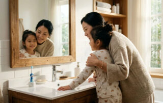 양치 시간을 앞두고 7세 아이를 따뜻하게 안아주며 미소 짓는 엄마의 모습