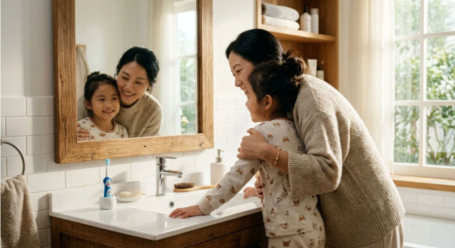 양치 시간을 앞두고 7세 아이를 따뜻하게 안아주며 미소 짓는 엄마의 모습