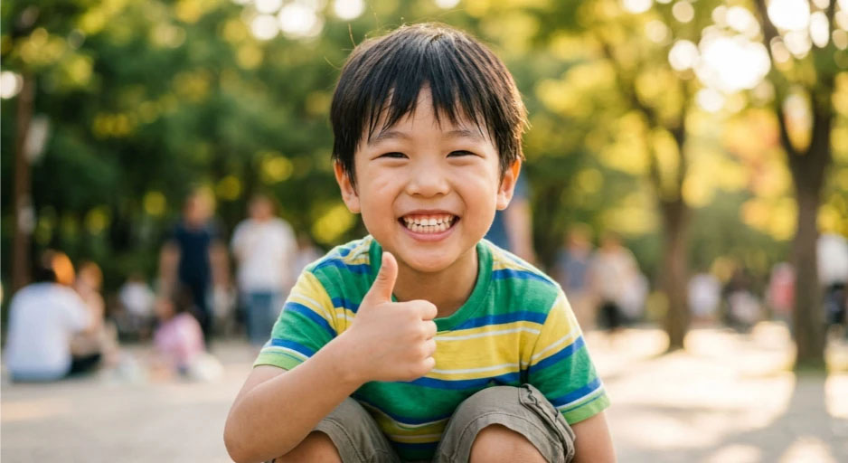 영구치 법랑질 저형성증8 복사 치과 치료를 무사히 마치고 환하게 웃으며 엄지를 치켜세우는 7세 아이
