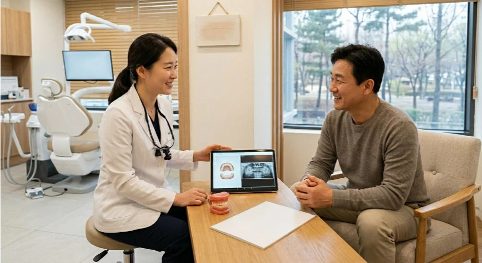 왜소치 9 치과 원장님이 환자에게 치아 모형을 활용해 무삭제 치료법을 설명하는 상담 장면