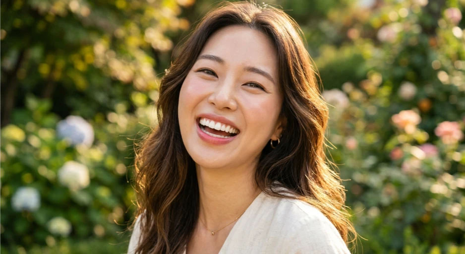 왜소치6 왜소치 콤플렉스를 해결하고 가지런하고 완벽한 치아로 자신감 있게 환하게 웃는 여성의 입술 클로즈업