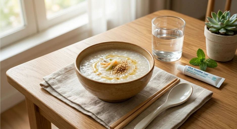부드러운 죽, 구내염 연고, 천천히 먹으라는 메모가 놓인 슬기로운 식사 가이드
