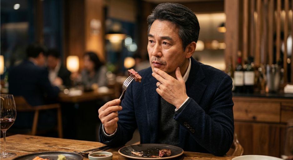 임플란트 수술 후 고기 음식을 먹으며 씹는 감각의 미세한 차이를 생각하는 남성의 모습