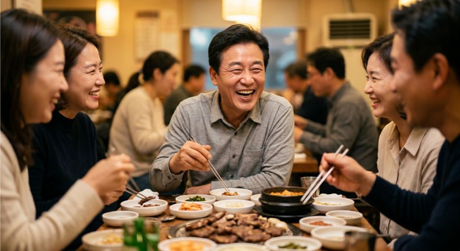 임플란트 씹는 맛8 임플란트 적응 기간이 끝나고 지인들과 함께 고기 식사를 편안하고 즐겁게 즐기며 환하게 웃고 있는 중년 남성의 행복한 모습