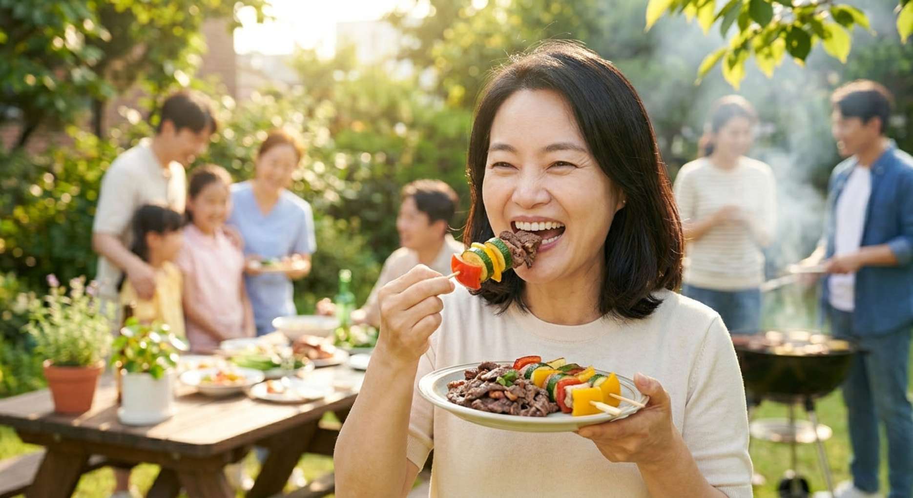 임플란트 음식물 끼임1 치과에서 임플란트 틈새를 간단하게 수리받은 후, 가족들과 함께 불편함 없이 고기를 맛있게 씹어 먹으며 환하게 미소 짓는 중년의 모습