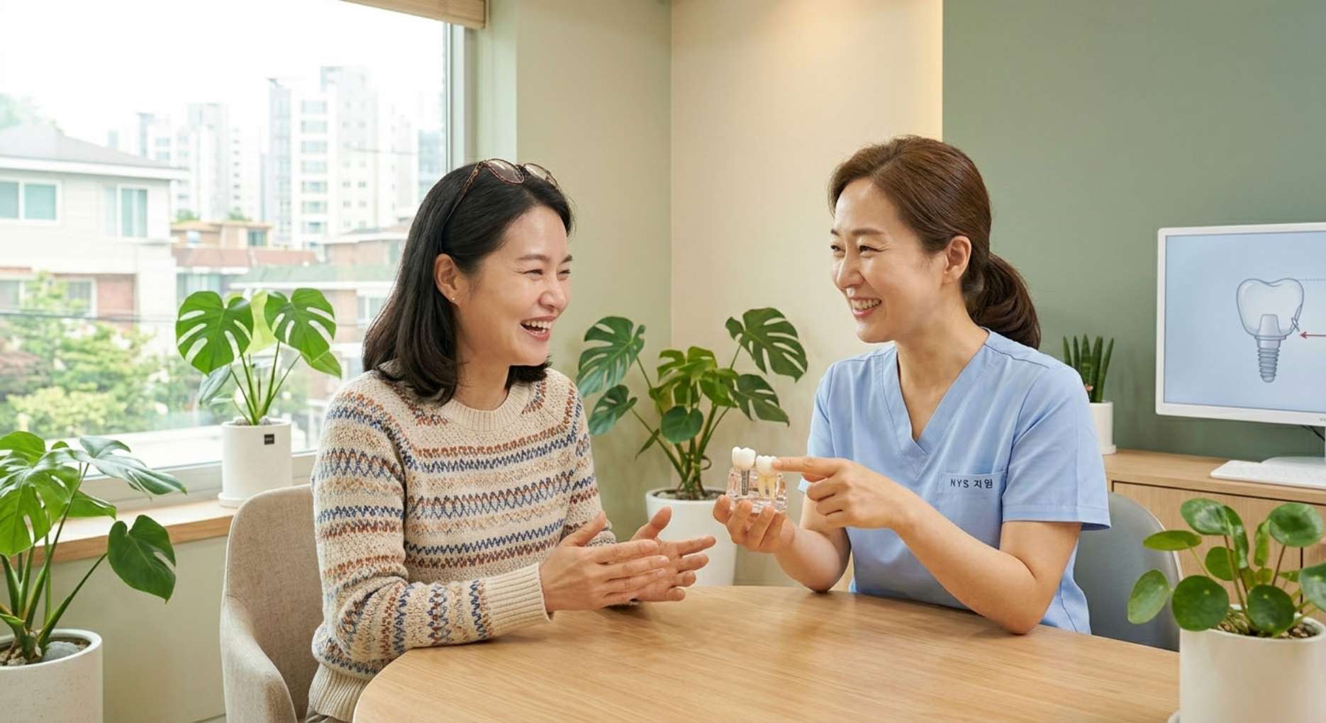임플란트 음식물 끼임4 치과 진료실에서 원장님의 설명을 듣고 부작용이 아니라는 사실에 오해를 풀며 환하게 웃으며 안도하는 환자의 모습