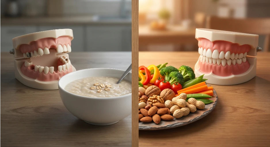 치아 상실로 인해 부드러운 죽만 먹는 상황과 건강한 치아로 견과류를 씹는 상황 비교