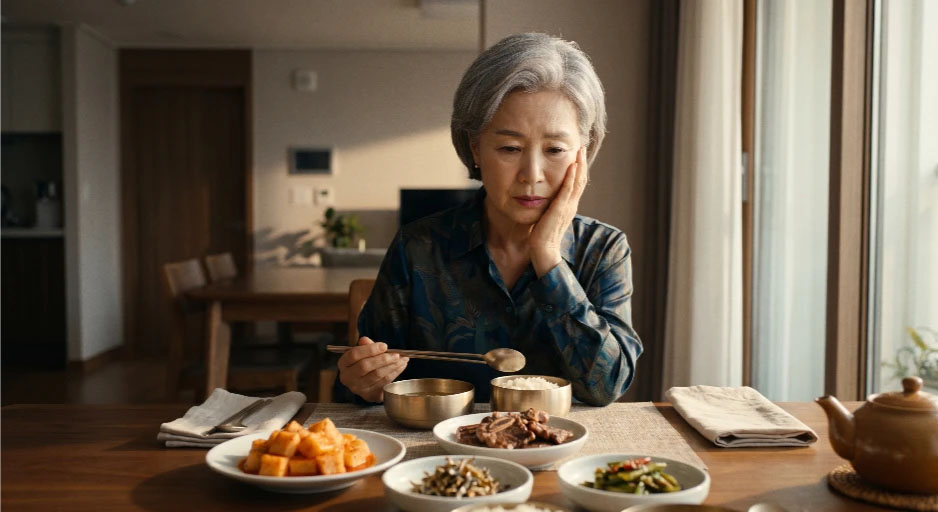 식탁 앞에서 질긴 음식을 씹기 힘들어 볼을 감싸며 아쉬워하는 부모님의 모습