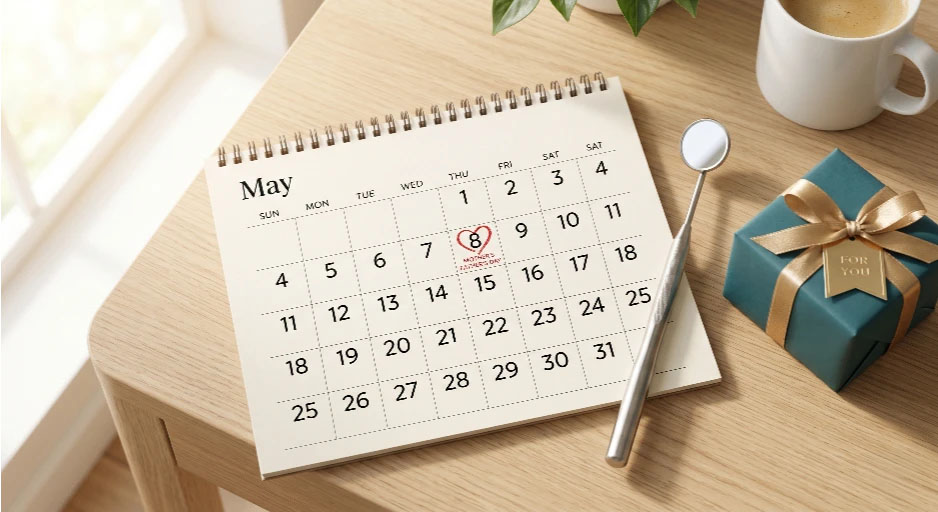 5월 8일 어버이날이 표시된 달력과 치과 검진용 거울, 그리고 선물 상자