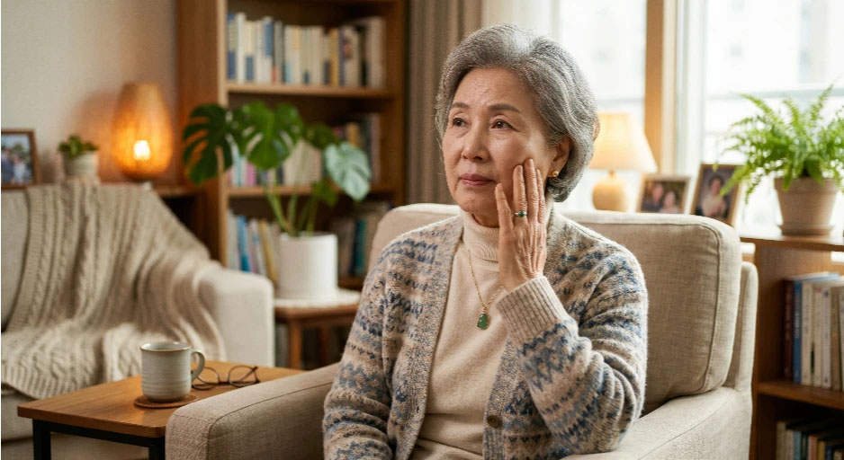 치아 건강과 노후 관리에 대해 궁금증을 가지며 볼에 손을 얹고 생각하는 노년 여성