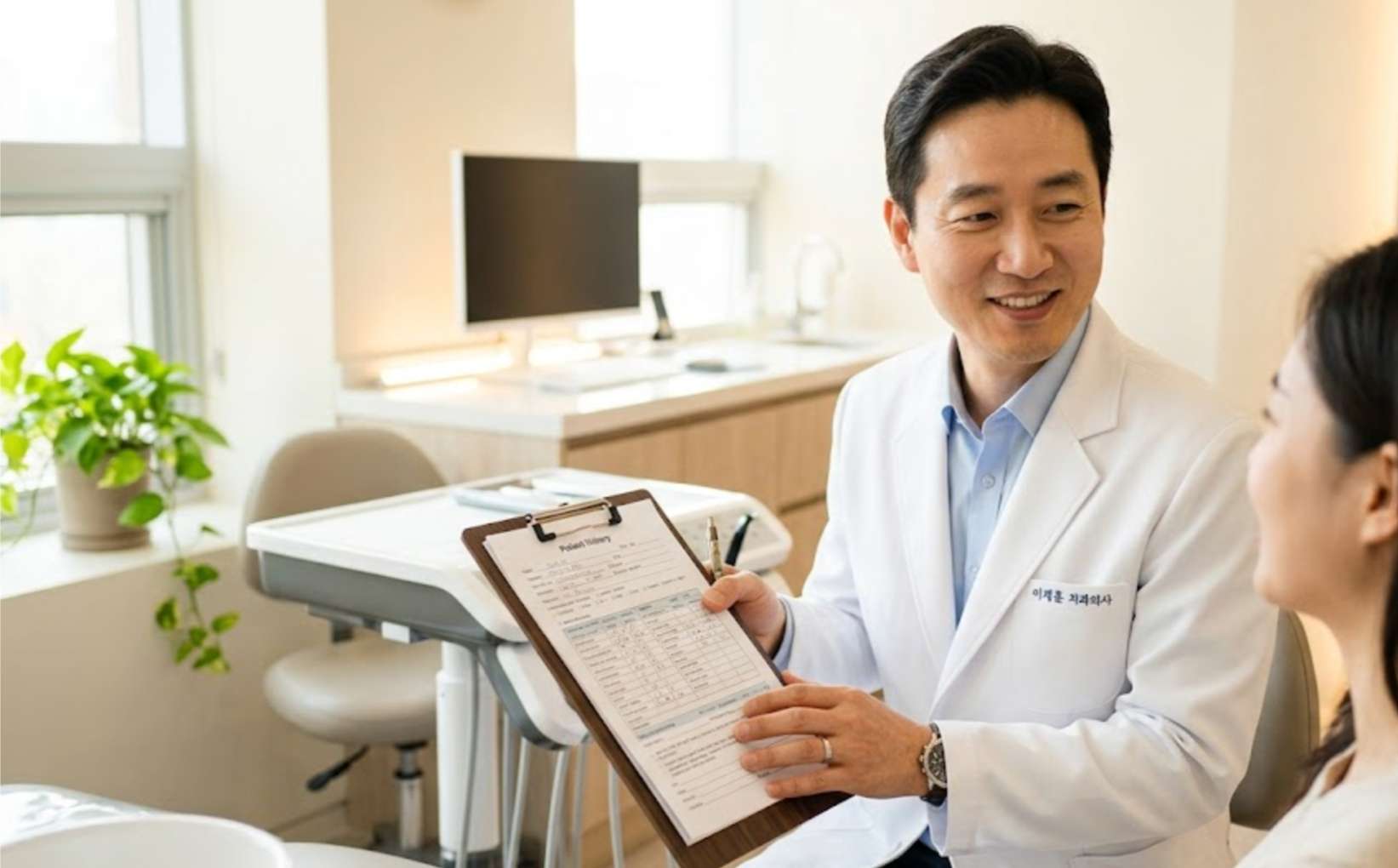 골다공증 약 임플란트3 환자의 문진표를 꼼꼼하게 살피며 따뜻하게 미소 짓는 의료진의 모습