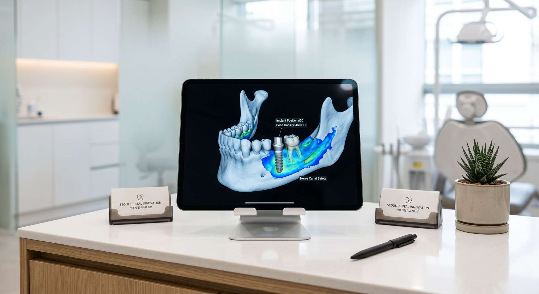임플란트 재수술9 임플란트가 식립된 잇몸뼈 상태를 보여주는 3D 디지털 스캔 태블릿 화면