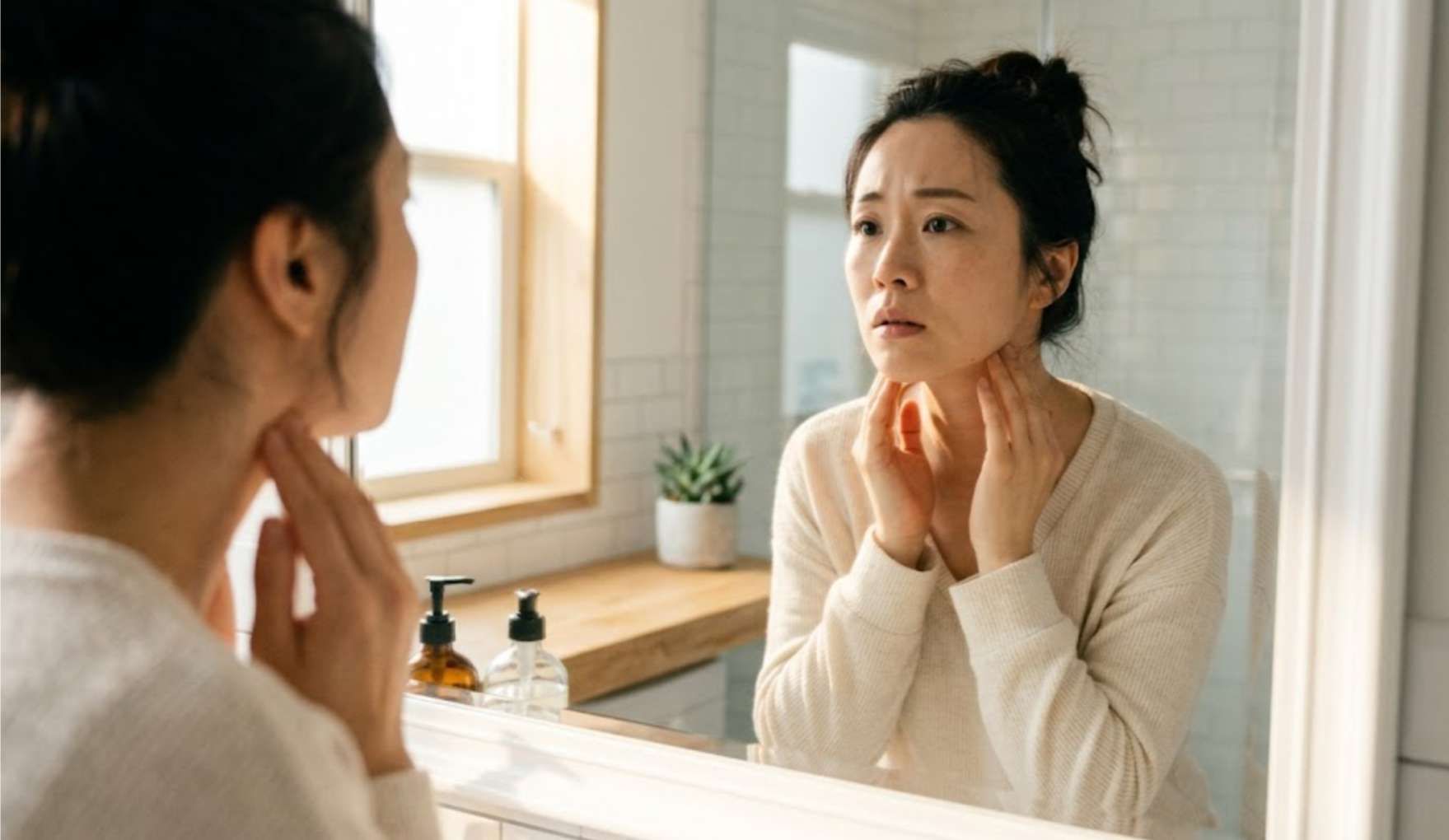 거울을 보며 턱과 목 주변을 짚고 걱정스러운 표정을 짓는 환자의 모습