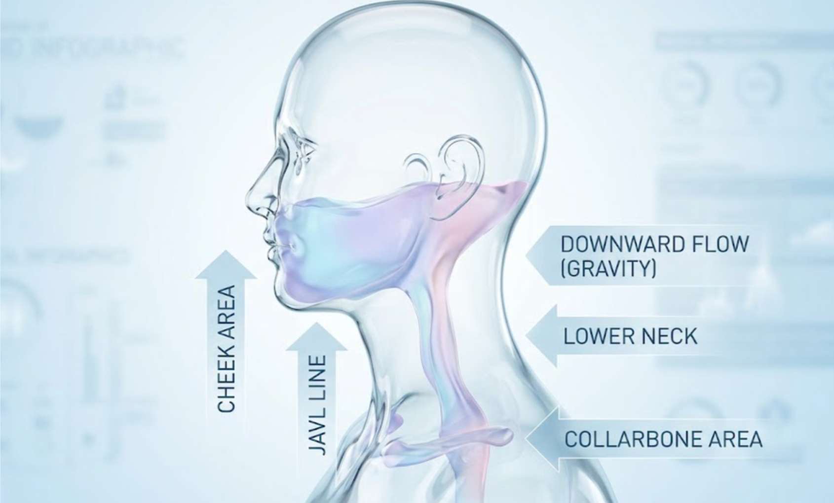 뺨에서 목 아래로 부드럽게 흘러내리는 체액의 이동을 보여주는 3D 투명 인체 실루엣 그래픽