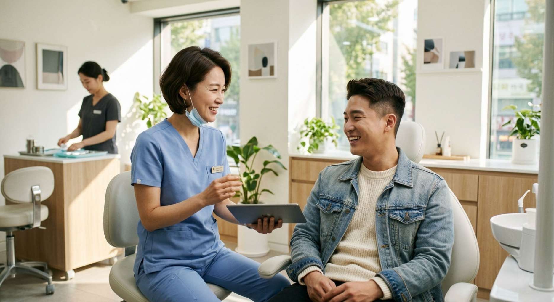잇몸 콜라겐 파괴5 밝고 모던한 치과 진료실에서 원장님과 젊은 환자가 편안하게 미소 지으며 상담을 나누는 모습