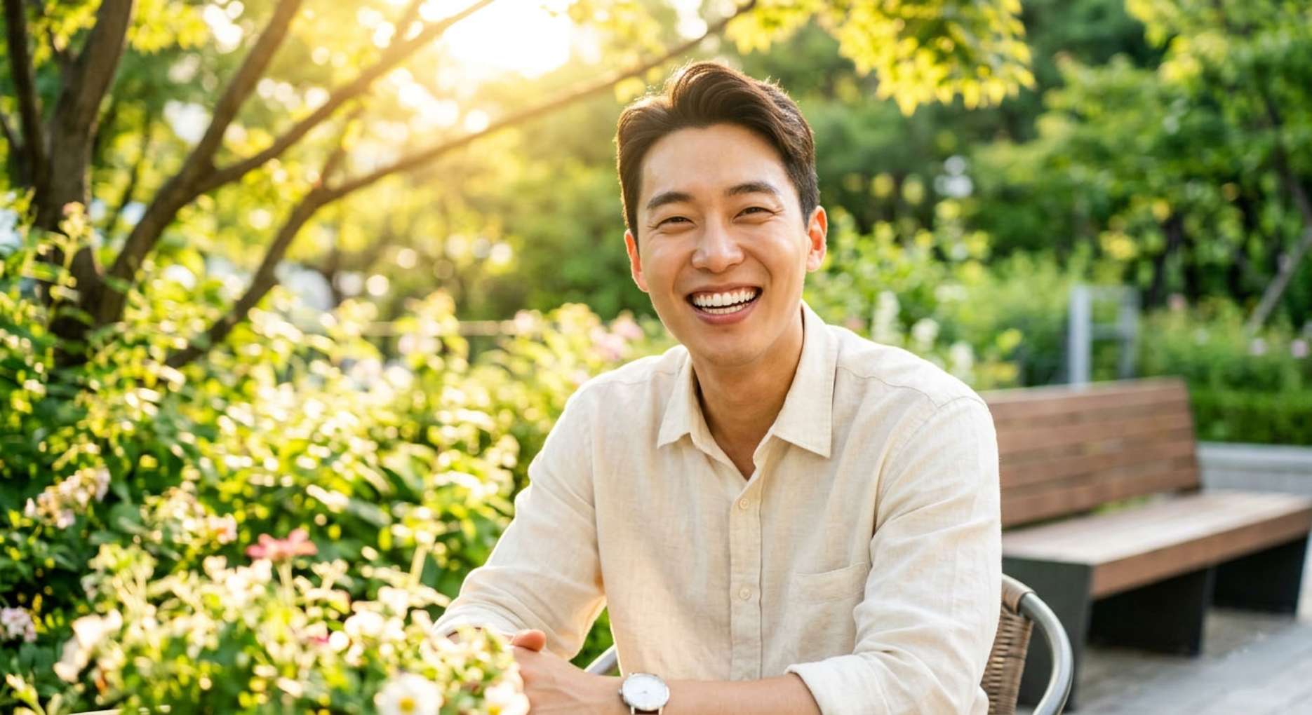 잇몸 콜라겐 파괴6 야외의 화창한 여름날, 건강한 잇몸과 치아를 드러내며 환하고 자신감 있게 활짝 웃는 2030 청년의 모습