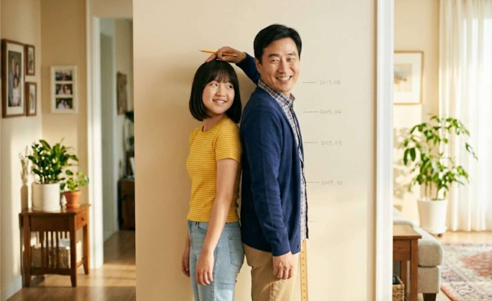 벽에 기대어 키를 재며 환하게 웃고 있는 청소년과 부모님의 모습