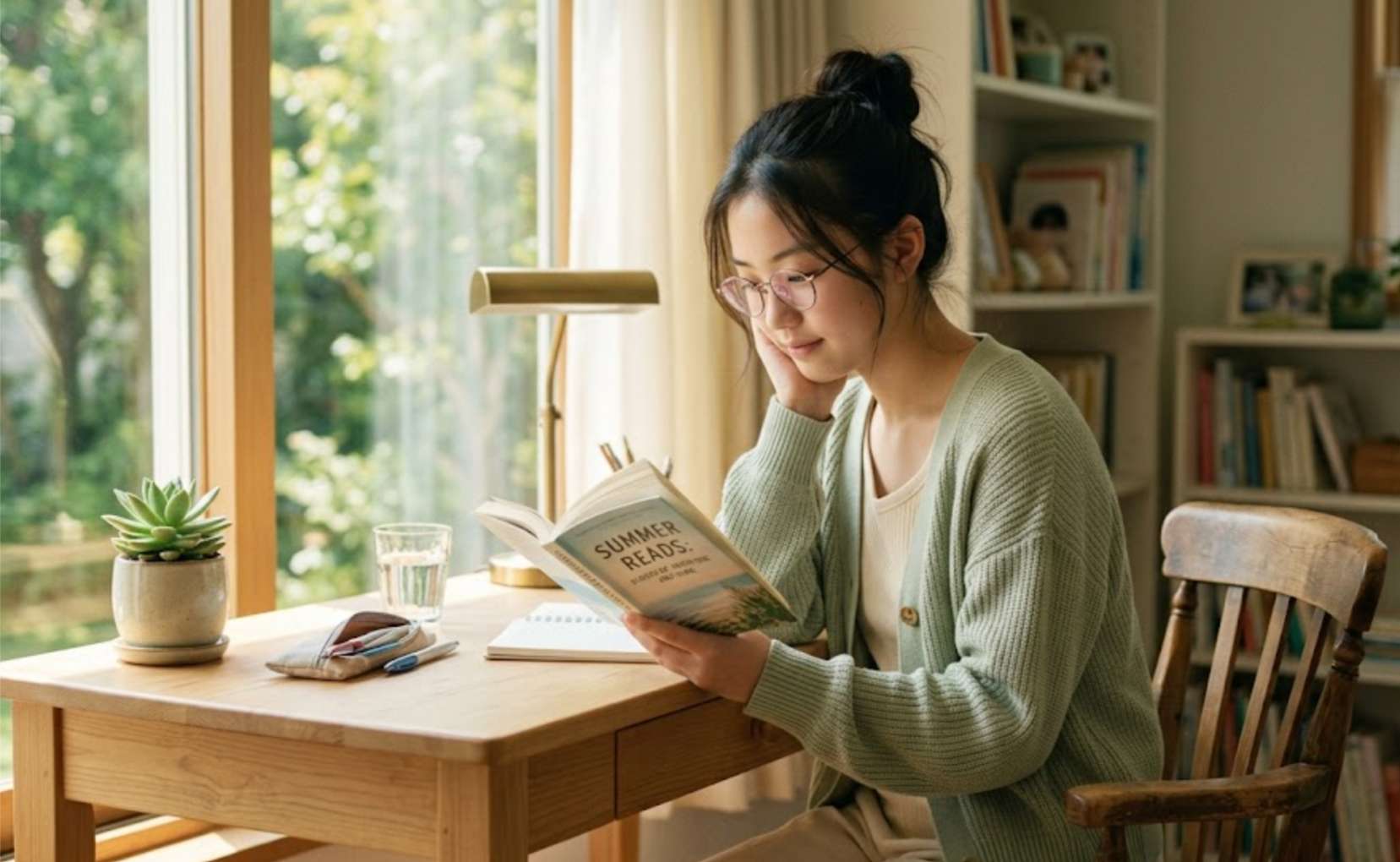 청소년 치아교정2 햇살이 비치는 책상에서 편안하게 책을 읽고 있는 청소년