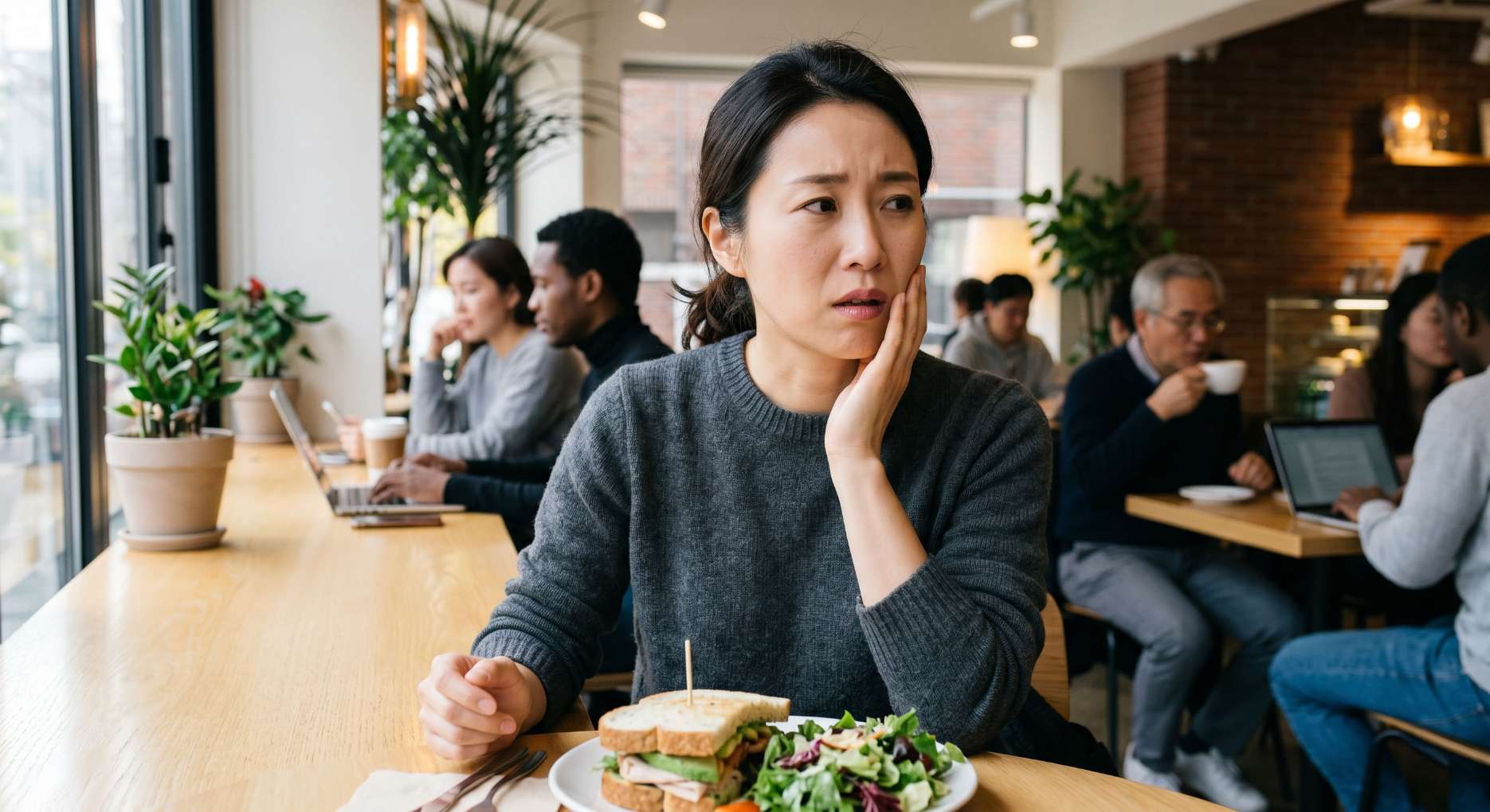 치아 균열 증후군11 식사를 하던 중 갑작스러운 불편감에 미소를 지우고 멈칫하며 볼을 감싸는 사람의 모습