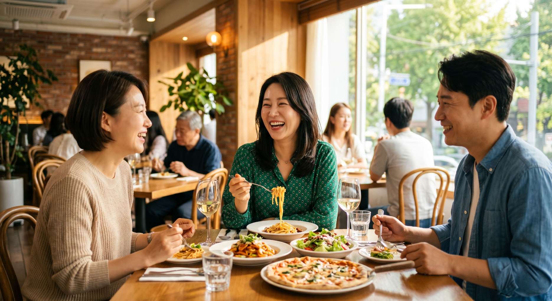 치아 균열 증후군2 예쁜 레스토랑에서 치아 통증 없이 편안하고 즐겁게 식사하며 환하게 웃고 있는 사람의 모습