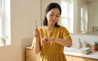 화장실 세면대 앞에서 칫솔을 들고 시계를 보며 양치 타이밍을 고민하는 여성의 모습
