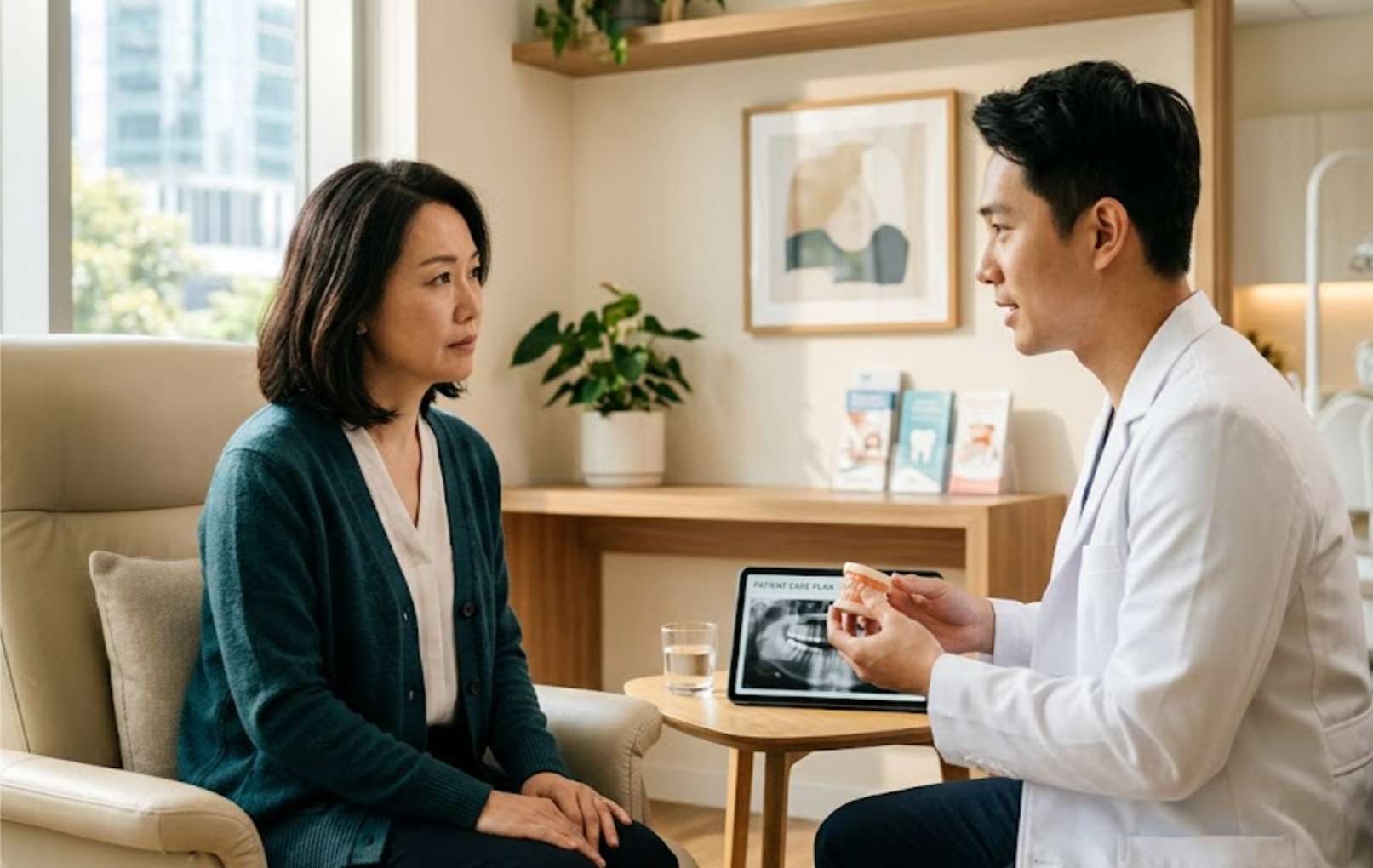 치과 진료실에서 당일 식립이 어렵다는 설명을 듣고 조금 서운해하는 환자의 모습