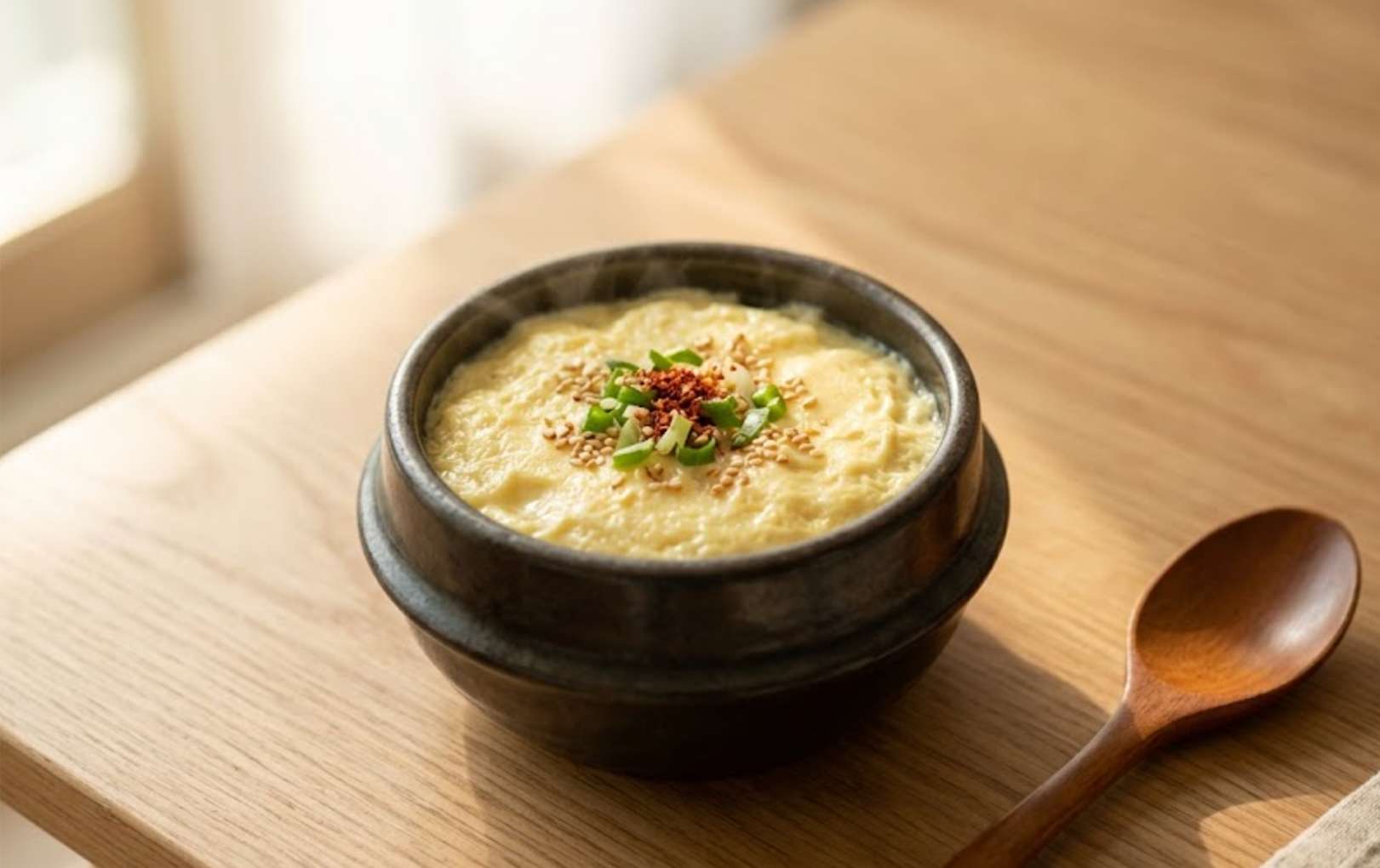 임플란트 보철 적응10 따뜻한 햇살 아래 정갈하게 차려진 부드러운 연두부(또는 계란찜)의 모습