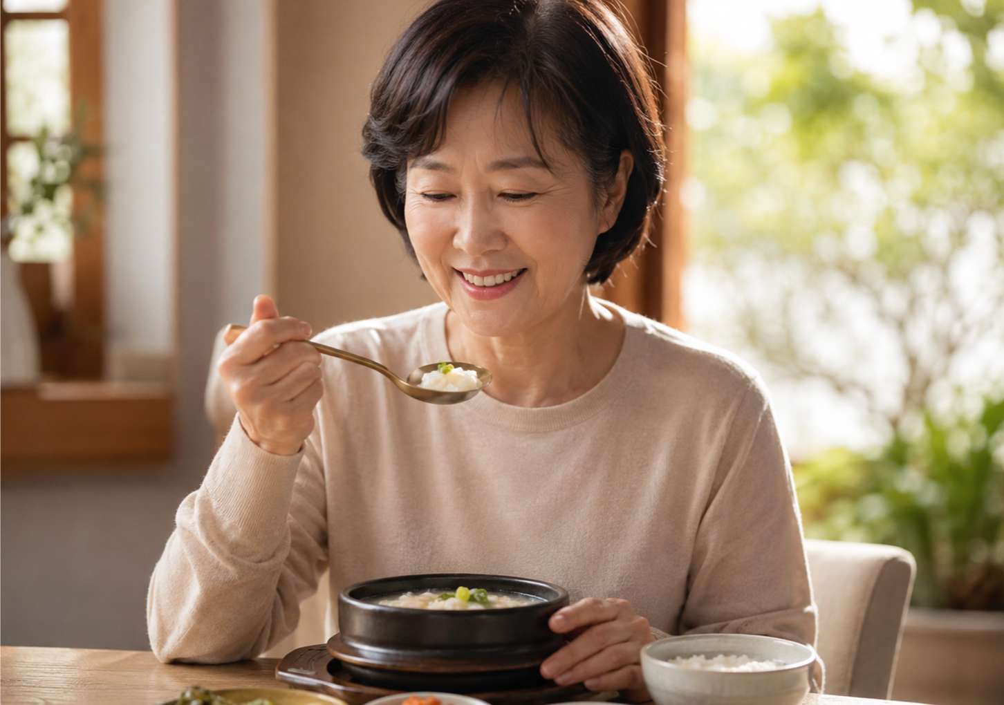 따뜻한 식탁에 앉아 조심스럽고 기분 좋게 첫 식사를 준비하는 중년 환자의 모습
