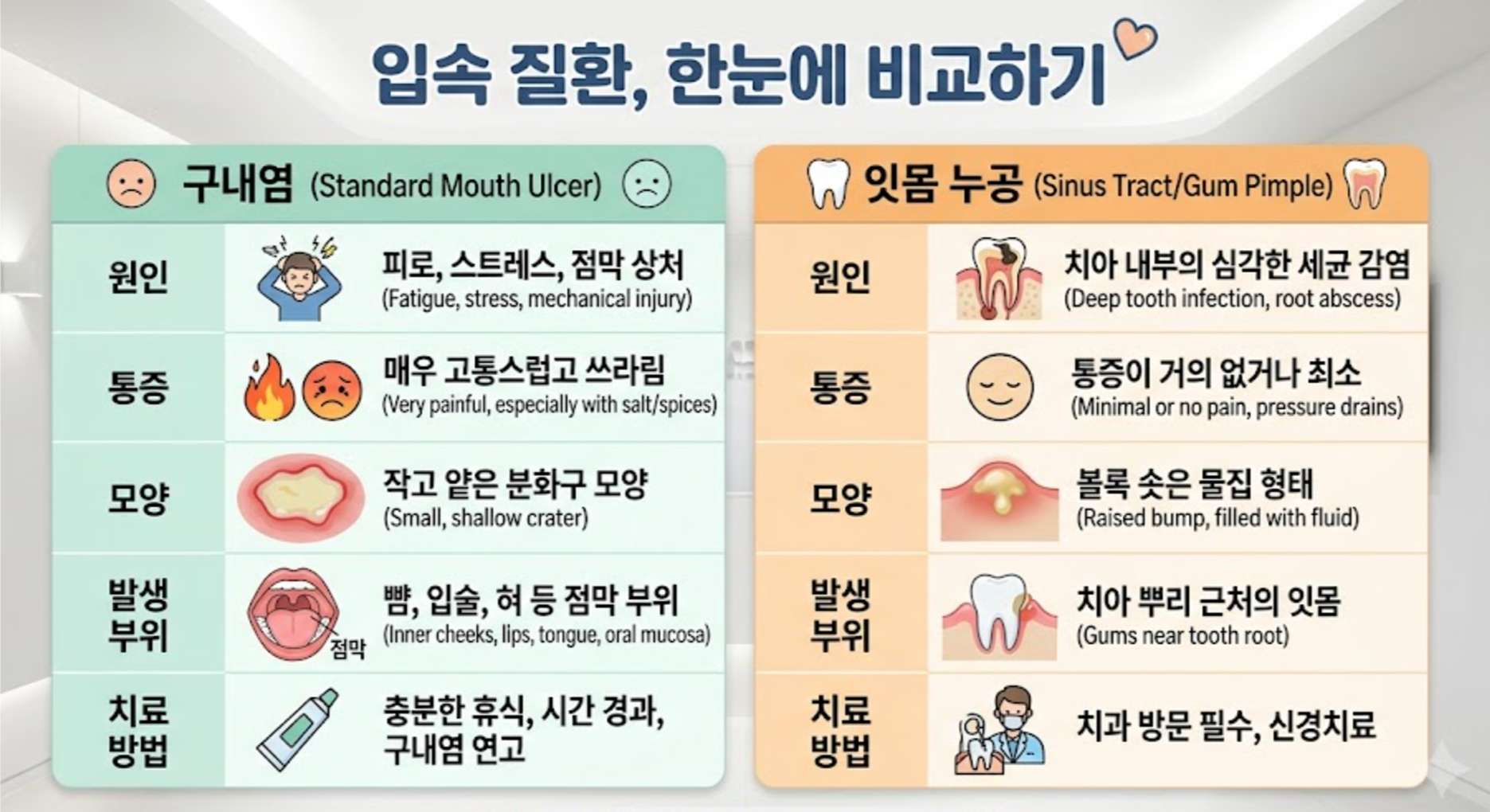 잇몸 뾰루지 고름11 구내염과 잇몸 누공(고름 주머니)의 원인, 통증, 모양, 발생 부위, 치료 방법을 한눈에 비교한 드림연합치과 인포그래픽 표